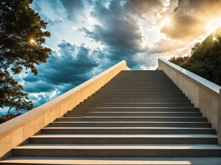 A staircase leading up to a cloudy sky with a sunset in the background.