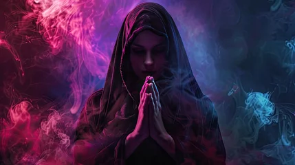 Foto op Plexiglas mystical aura portrait with dark velvet cloak studio background © AI Farm