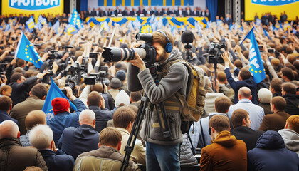 Authentic Lifestyle Photography: Photojournalist Capturing Candid Moments at a Political Rally - obrazy, fototapety, plakaty