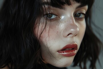 portrait of model with polished onyx hair garnet red cheek tint