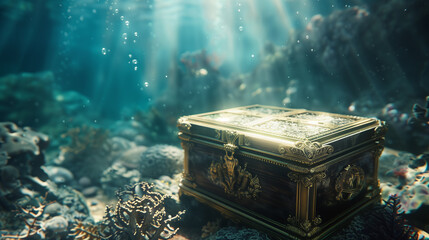 A gold box sits on the beach next to seaweed. The box is surrounded by various sea creatures. Including fish and corals The scene was calm and peaceful. - obrazy, fototapety, plakaty