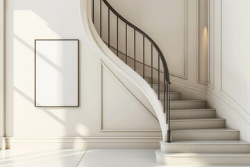Mockup frame next to the spiral staircase in the hall in home. 3d render.	