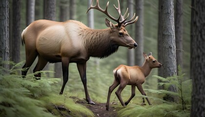 A-Female-Elk-Leading-Her-Calf-Through-A-Dense-Fore-