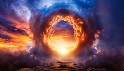 Abstract portal to mystic dark clouds at sunset. Magic teleport. Way to heaven. 3D rendering.