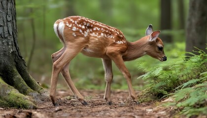 A-Fawn-Taking-Its-First-Steps-In-The-Forest- - obrazy, fototapety, plakaty