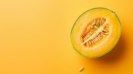 Freshly cut cantaloupe melon on orange background, summer seasonal fruit with seeds