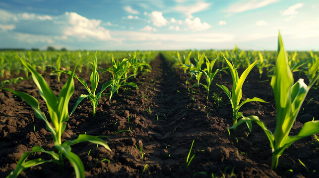 A field of corn is shown in the image. The corn is green and growing in rows. The field is vast and stretches across the entire image