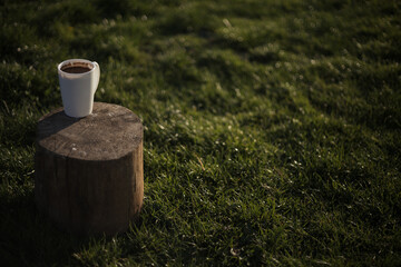 a cup of coffee stands on a wooden table in the garden