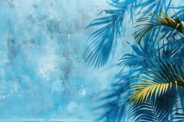 Empty palm shadow blue color texture pattern cement wall background. Used for presentation business nature organic cosmetic products for sale shop online - generative ai - obrazy, fototapety, plakaty