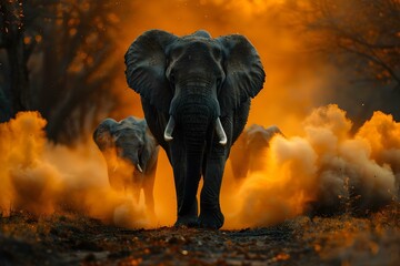 Majestic Elephants on Dusty Journey at Dusk. Concept Wildlife Photography, African Safari, Sunset Silhouettes, Endangered Species, Nature Conservation - obrazy, fototapety, plakaty