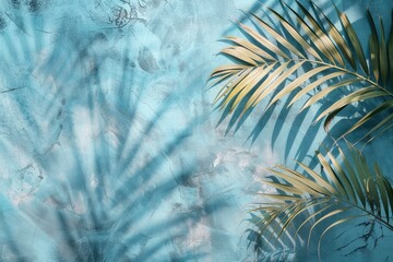 Empty palm shadow blue color texture pattern cement wall background. Used for presentation business nature organic cosmetic products for sale shop online - generative ai