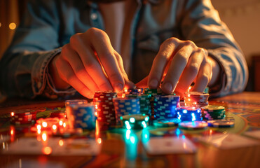 A man's hands hold a stack of poker chips at a casino table, depicting a poker game concept