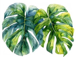 Watercolor monstera leaves with their distinctive splits, rendered in vibrant watercolor in the style of minimal watercolor clipart on white background