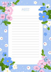 Spring flower lined note page design on blue background. Elegant vector floral design for planner, memory, notes page concept