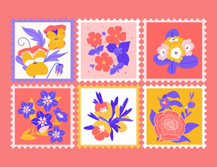 Set of post stamps with different spring flowers, leaves isolated on red background. Cute and fancy backdrop for textile, banner, greeting card, invitation, wrapping, scrapbooking, web