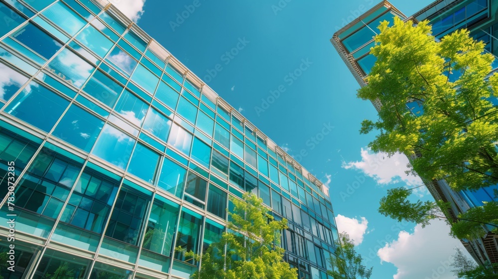Poster towering building with numerous windows