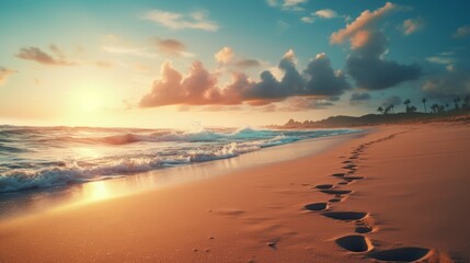Tranquil beach sunset with waves, footprints on sand, serene nature scene at dusk