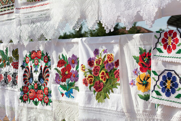 Rushniki with embroidery with a cross. Rushnik is decorative and ritual cloth made of linen or...