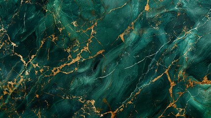 Dense, emerald green marble featuring thick, sprawling golden veins across a richly textured stone surface.  - obrazy, fototapety, plakaty