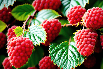 A bunch of ripe raspberries hanging from a bush with green leaves.