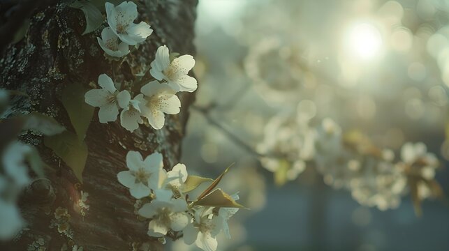 a spring postcard with an image of a cherry tree blooming with white flowers against a sunset background, with branches in focus on the side, the concept of a spring screensaver for a phone