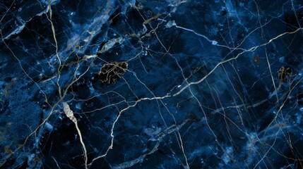 Sleek, midnight blue marble with thin veins of platinum creating a network of intricate patterns.  - obrazy, fototapety, plakaty