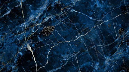 Fotobehang Sleek, midnight blue marble with thin veins of platinum creating a network of intricate patterns.  © Dannchez