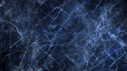Sleek, midnight blue marble with thin veins of platinum creating a network of intricate patterns. 