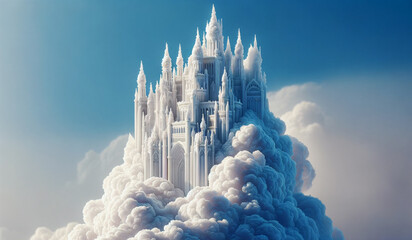 A fantastical castle with intricate spires rises majestically above the clouds against a clear blue sky, creating an ethereal and dreamlike scene. - obrazy, fototapety, plakaty