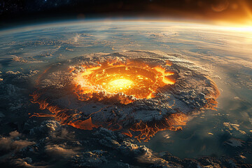 Cataclysmic Meteor Impact, Dramatic image of a massive meteor impact causing a fiery explosion on Earth's surface.
