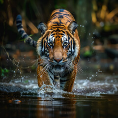 Stealthy Jungle Predator, A powerful tiger wading through water in the jungle, eyes locked on its prey with fierce focus.