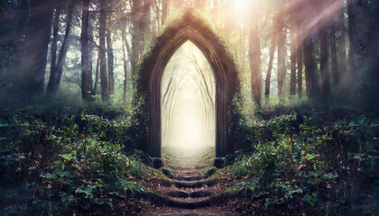 Abstract portal to mystic forest. Surreal dark scenery. Magic teleport.