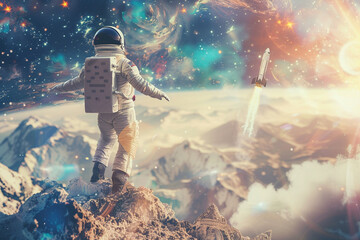 Cosmic Adventure, Astronaut standing on a mountain, watching a space shuttle. - obrazy, fototapety, plakaty