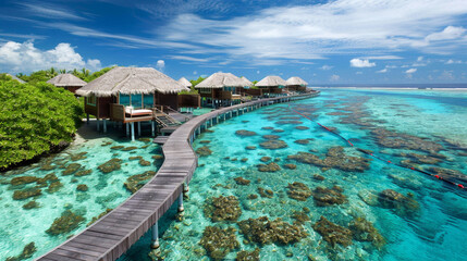 Fototapeta premium Tropical Resort, Luxurious tropical resort with overwater villas and a clear blue ocean.