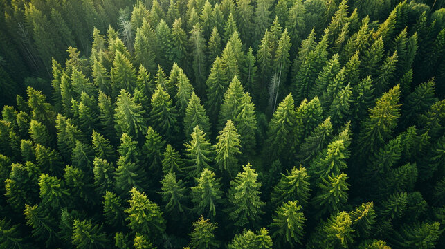 Forest Canopy, Aerial view of dense green pine forest, showcasing nature's vastness.