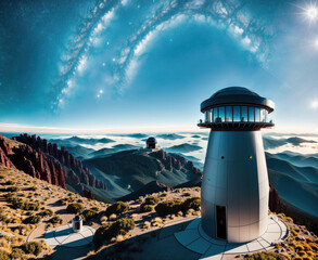 A lighthouse on top of a mountain with a beautiful view of the surrounding landscape. - Powered by Adobe