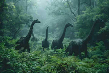 Fotobehang Misty Enchanted Forest with Grazing Brachiosaurus Herd. Concept Enchanted Forest, Misty Atmosphere, Brachiosaurus Herd, Nature Photography © Anastasiia