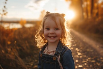 Portrait of a smiling little girl in the rays of the setting sun