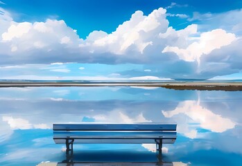澄み渡る青空と地平線と鏡のように反射する水面とベンチ