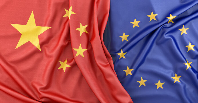 Flags of China and European Union. 3D Rendering