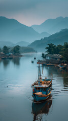 Fototapeta na wymiar Serene River Landscape with Traditional Boat and Misty Mountains