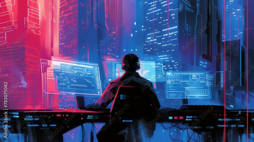 Aufkleber man working at desk with computer monitor