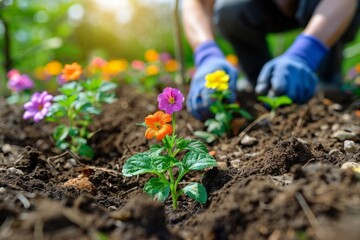 Hands planting vibrant flowers in rich soil with sunlight.