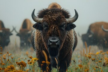 Serene Buffaloes in Misty Meadows. Concept Wildlife Photography, Nature Scenes, Misty Landscapes, Buffalo Herd, Peaceful Meadows
