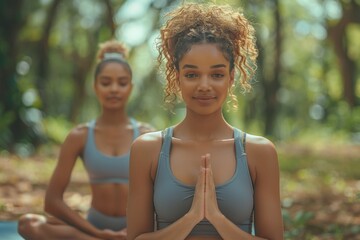Young woman with a serene expression practicing yoga in a sunlit forest, companionship in background.
