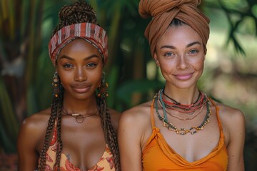 Two vibrant women with headwraps and beads, embodying cultural beauty and sisterhood.