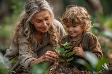 Elderly woman guiding her grandson in planting, surrounded by nature's beauty.