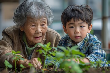 Elderly woman and young boy attentively tending to plants, a moment of shared learning.