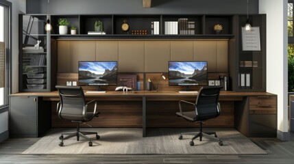 Modern Office Room With Desk and Dual Computer Screens