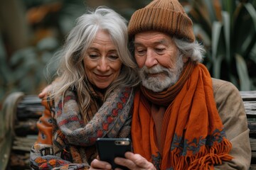 A senior couple shares a cozy moment, learning to use a smartphone together amidst autumn's chill.